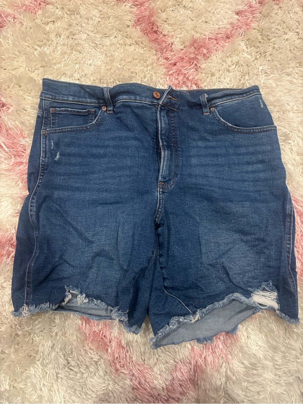 Express Bermuda Classic High-Rise Distressed Denim Shorts - Blue